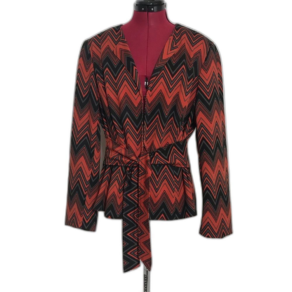 Larry Levine Blazer Women's Size 16 Grey & Orange Chevron Belted Long Sleeves